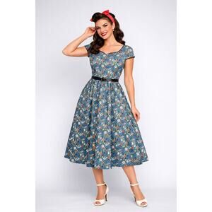 Lindy Bop Midi Floral Fit & Flare Dress Small Rockabilly PinUp Retro Cottagecore